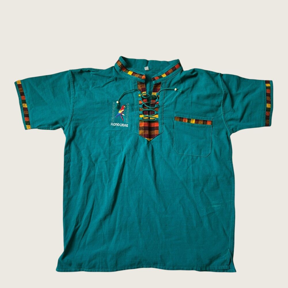 Vintage Honduras Teal Embroidered Woven Shirt Size L